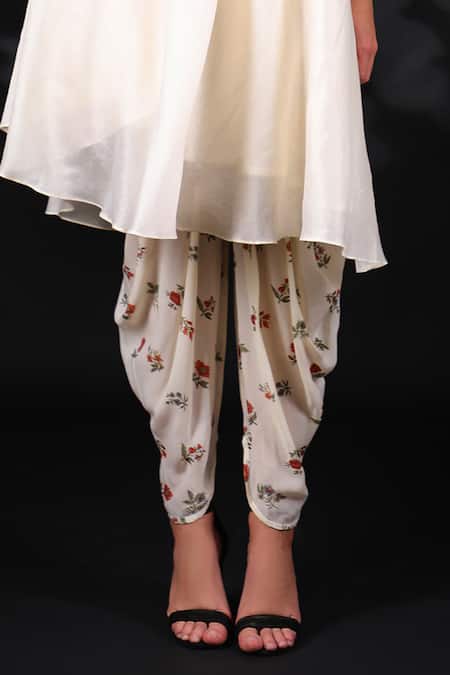 Shop_Nikasha_White Handwoven Cotton Jamdani Asymmetric One Shoulder Tunic And Dhoti Pant Set _Online_at_Aza_Fashions