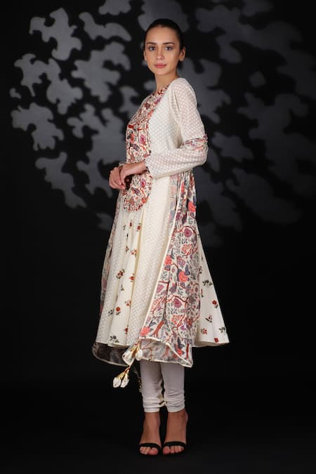Nikasha_White Handwoven Cotton Jamdani Embroidery Notched Printed Anarkali Set _Online_at_Aza_Fashions