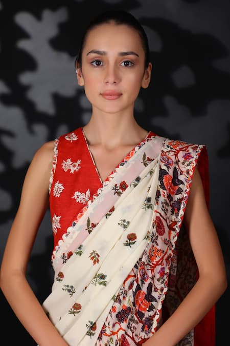 Buy_Nikasha_White Raw Silk, Crepe V Neck Printed Saree With Blouse _Online_at_Aza_Fashions