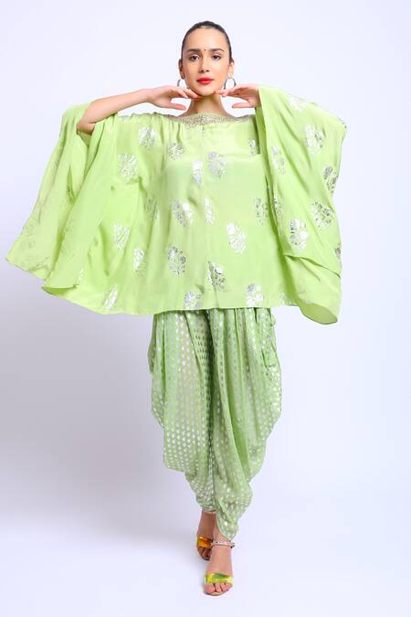 Nikasha_Green Cotton, Crepe, Georgette Boat Printed Kaftan And Dhoti Pant Set _Online_at_Aza_Fashions