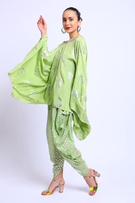 Buy_Nikasha_Green Cotton, Crepe, Georgette Boat Printed Kaftan And Dhoti Pant Set _Online_at_Aza_Fashions