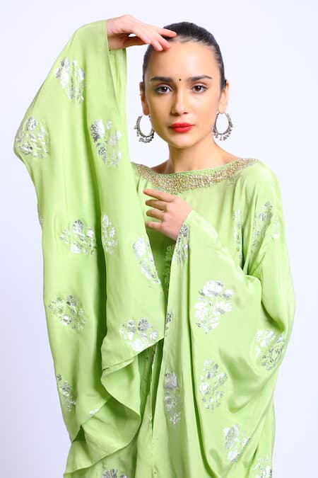 Shop_Nikasha_Green Cotton, Crepe, Georgette Boat Printed Kaftan And Dhoti Pant Set _Online_at_Aza_Fashions