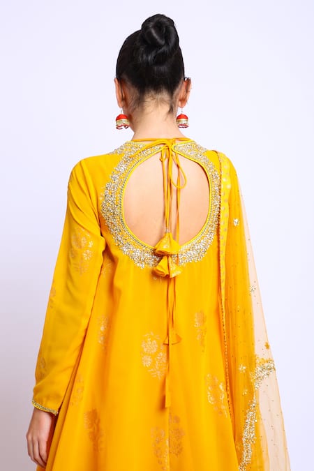 Shop_Nikasha_Yellow Net, Georgette Round Printed Asymmetric Kurta Set _Online_at_Aza_Fashions
