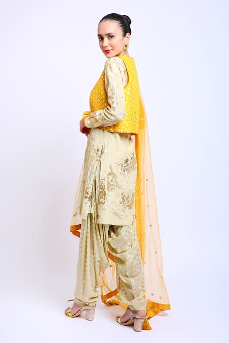 Buy_Nikasha_Beige Crepe, Georgette, Mukaish Net Kurta U Neck Jacket Printed Set With _Online_at_Aza_Fashions