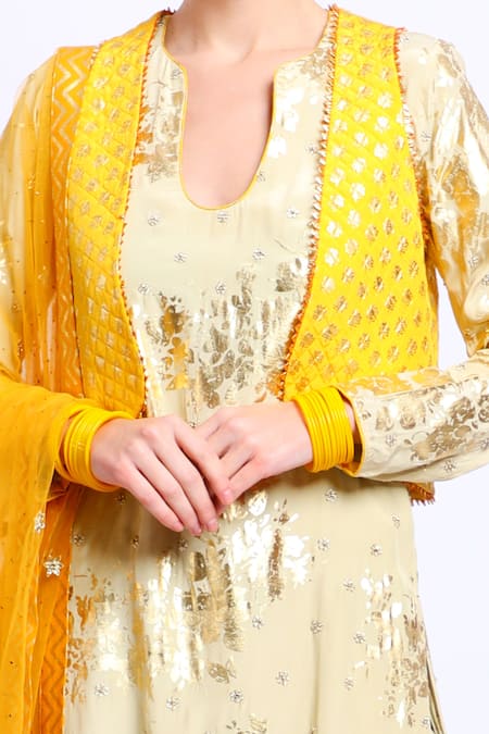 Shop_Nikasha_Beige Crepe, Georgette, Mukaish Net Kurta U Neck Jacket Printed Set With _Online_at_Aza_Fashions