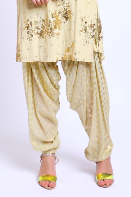 Nikasha_Beige Crepe, Georgette, Mukaish Net Kurta U Neck Jacket Printed Set With _at_Aza_Fashions