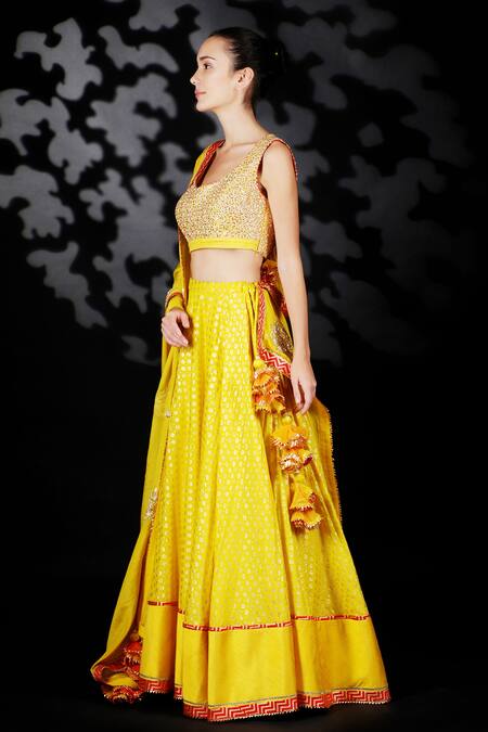 Nikasha_Yellow Cotton Silk, Matka Silk, Chinon Chiffon U Neck Floral Print Lehenga Set _Online_at_Aza_Fashions