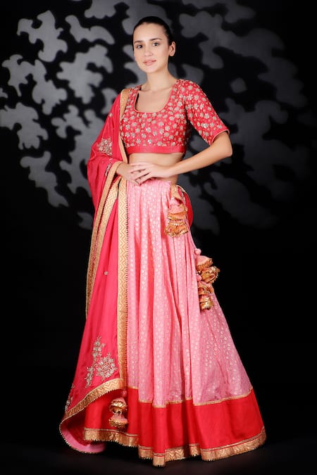 Nikasha Red Cotton Silk, Matka Silk, Chinon Printed Lehenga And Embroidered Blouse Set 