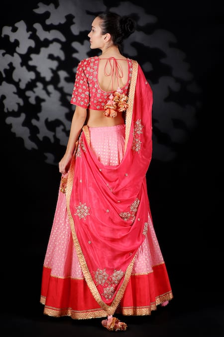 Shop Nikasha Red Cotton Silk, Matka Silk, Chinon Printed Lehenga And Embroidered Blouse Set at Aza Fashions Shop_Nikasha_Red Cotton Silk, Matka Silk, Chinon Printed Lehenga And Embroidered Blouse Set _at_Aza_Fashions