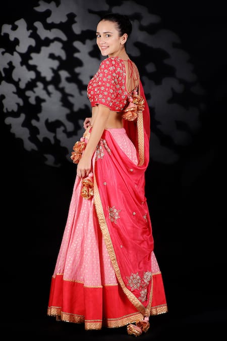 Nikasha Red Cotton Silk, Matka Silk, Chinon Printed Lehenga And Embroidered Blouse Set Online at Aza Fashions Nikasha_Red Cotton Silk, Matka Silk, Chinon Printed Lehenga And Embroidered Blouse Set _Online_at_Aza_Fashions