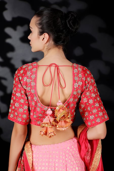 Shop Nikasha Red Cotton Silk, Matka Silk, Chinon Printed Lehenga And Embroidered Blouse Set Online at Aza Fashions Shop_Nikasha_Red Cotton Silk, Matka Silk, Chinon Printed Lehenga And Embroidered Blouse Set _Online_at_Aza_Fashions