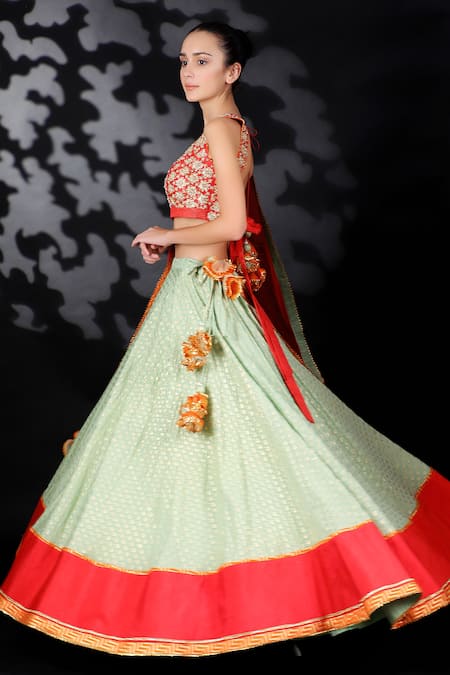 Nikasha_Green Cotton Silk, Matka Silk, Chinon Chiffon V Neck Printed Lehenga Set _Online_at_Aza_Fashions