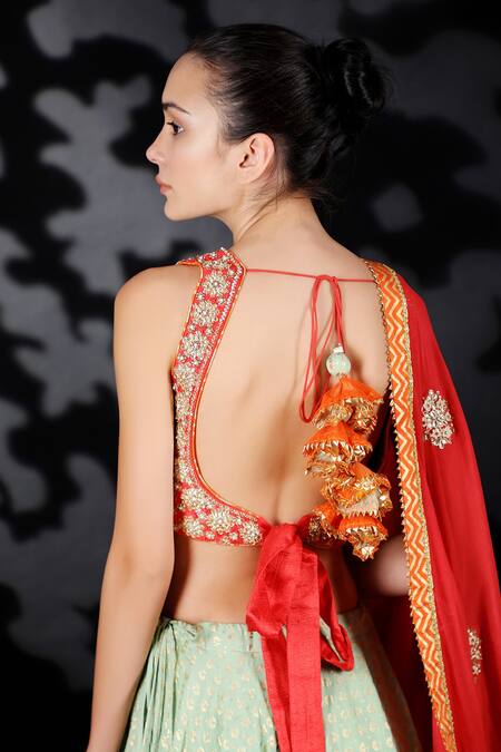 Shop_Nikasha_Green Cotton Silk, Matka Silk, Chinon Chiffon V Neck Printed Lehenga Set _Online_at_Aza_Fashions