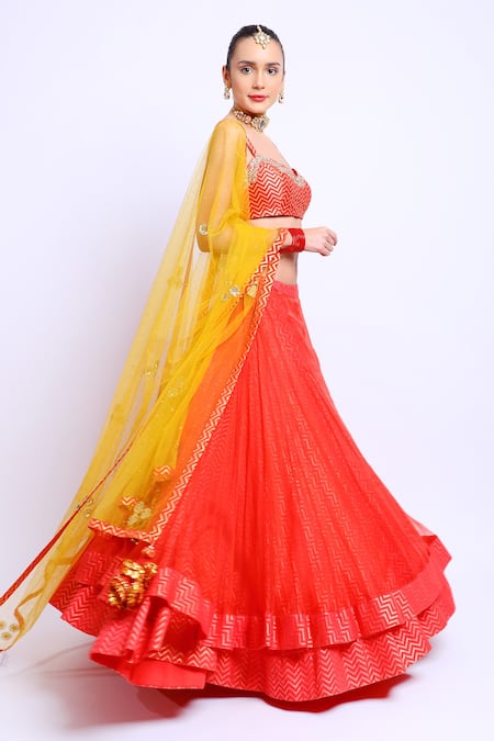 Nikasha_Red Organza, Cotton Silk, Mukaish Net Scoop Neck Printed Layered Lehenga Set _Online_at_Aza_Fashions