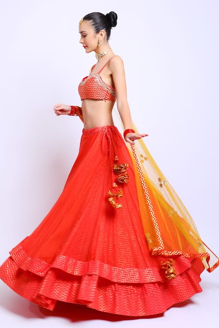 Buy_Nikasha_Red Organza, Cotton Silk, Mukaish Net Scoop Neck Printed Layered Lehenga Set _Online_at_Aza_Fashions