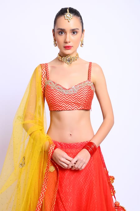 Shop_Nikasha_Red Organza, Cotton Silk, Mukaish Net Scoop Neck Printed Layered Lehenga Set _Online_at_Aza_Fashions