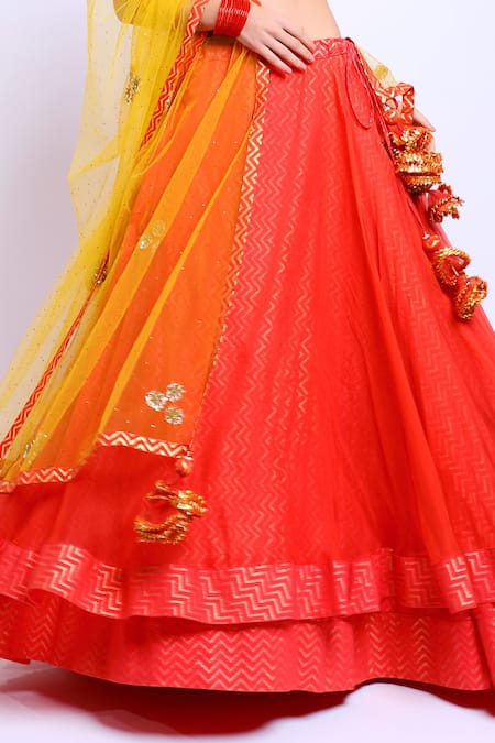 Nikasha_Red Organza, Cotton Silk, Mukaish Net Scoop Neck Printed Layered Lehenga Set _at_Aza_Fashions