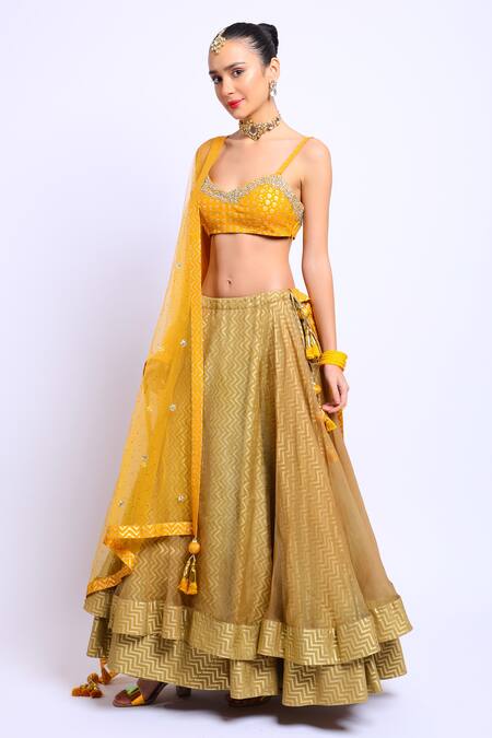 Buy_Nikasha_Beige Organza, Cotton Silk, Mukaish Net Scoop Neck Printed Layered Lehenga Set _Online_at_Aza_Fashions