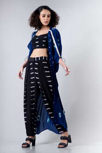 Nupur Kanoi_Black Crepe Blouse Round Cape Open Printed And Pant Set_Online_at_Aza_Fashions