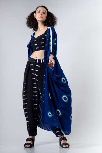 Buy_Nupur Kanoi_Black Crepe Blouse Round Cape Open Printed And Pant Set_Online_at_Aza_Fashions