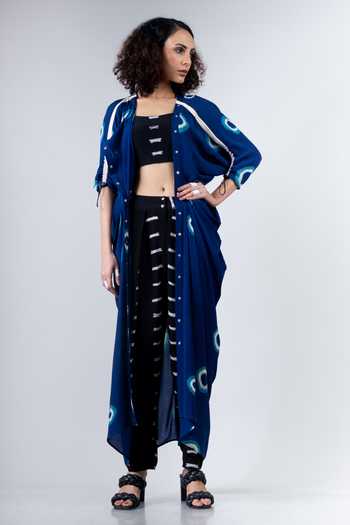 Shop_Nupur Kanoi_Black Crepe Blouse Round Cape Open Printed And Pant Set_Online_at_Aza_Fashions
