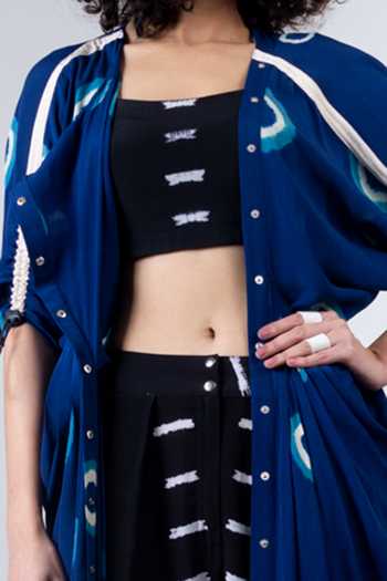 Nupur Kanoi_Black Crepe Blouse Round Cape Open Printed And Pant Set_at_Aza_Fashions