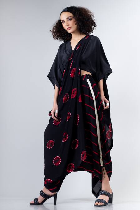 Nupur Kanoi_Black Crepe, Habutai Silk V Neck Shibori Print Dhoti Saree With Blouse_Online_at_Aza_Fashions