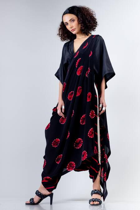 Shop_Nupur Kanoi_Black Crepe, Habutai Silk V Neck Shibori Print Dhoti Saree With Blouse_Online_at_Aza_Fashions