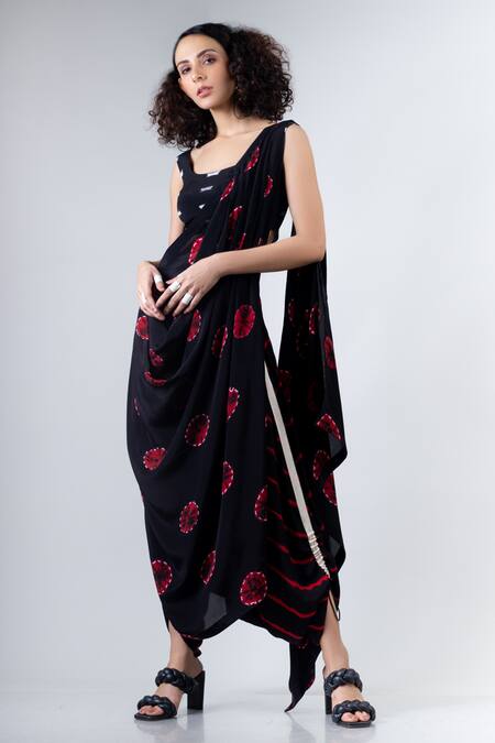 Nupur Kanoi_Black Crepe Round Shibori Print Dhoti Saree With Blouse _Online_at_Aza_Fashions