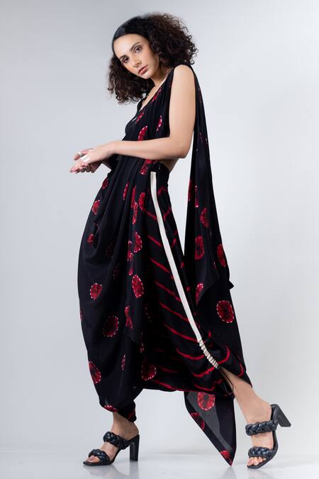 Buy_Nupur Kanoi_Black Crepe Round Shibori Print Dhoti Saree With Blouse _Online_at_Aza_Fashions