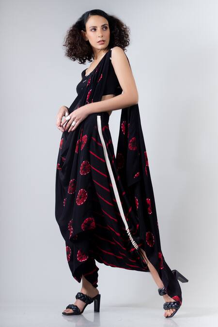 Shop_Nupur Kanoi_Black Crepe Round Shibori Print Dhoti Saree With Blouse _Online_at_Aza_Fashions
