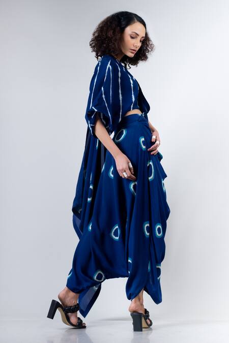 Nupur Kanoi_Blue Crepe V Neck Printed Dhoti Saree With Kaftan Blouse_Online_at_Aza_Fashions