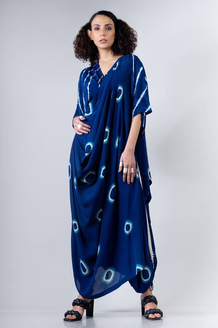 Buy_Nupur Kanoi_Blue Crepe V Neck Printed Dhoti Saree With Kaftan Blouse_Online_at_Aza_Fashions