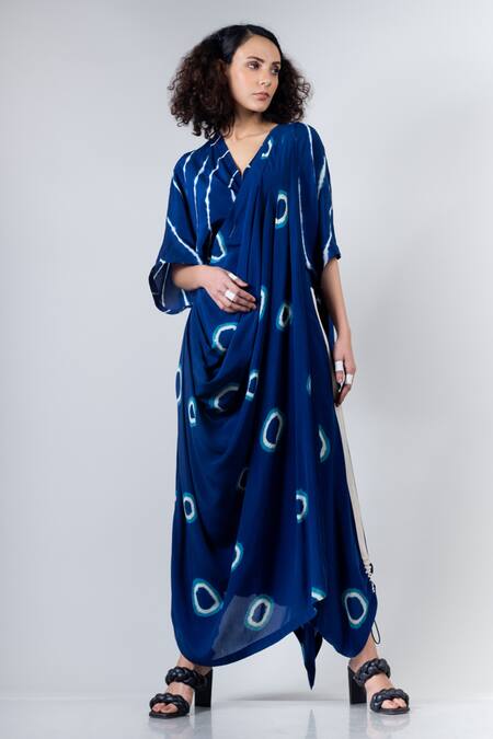 Shop_Nupur Kanoi_Blue Crepe V Neck Printed Dhoti Saree With Kaftan Blouse_Online_at_Aza_Fashions