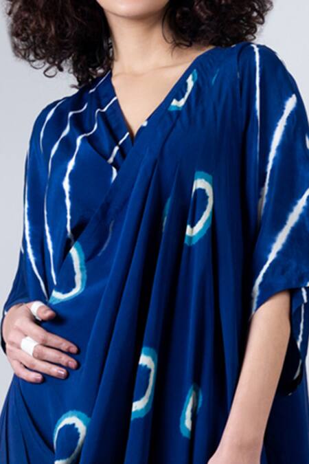 Nupur Kanoi_Blue Crepe V Neck Printed Dhoti Saree With Kaftan Blouse_at_Aza_Fashions