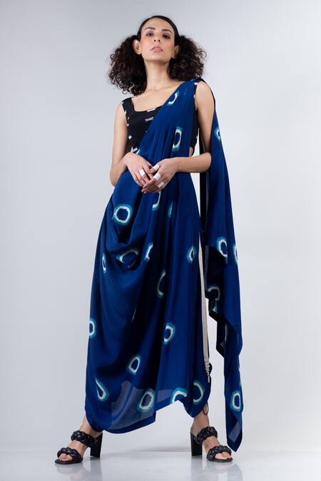 Buy_Nupur Kanoi_Blue Crepe Round Printed Dhoti Saree With Blouse _Online_at_Aza_Fashions
