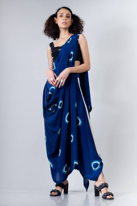 Shop_Nupur Kanoi_Blue Crepe Round Printed Dhoti Saree With Blouse _Online_at_Aza_Fashions