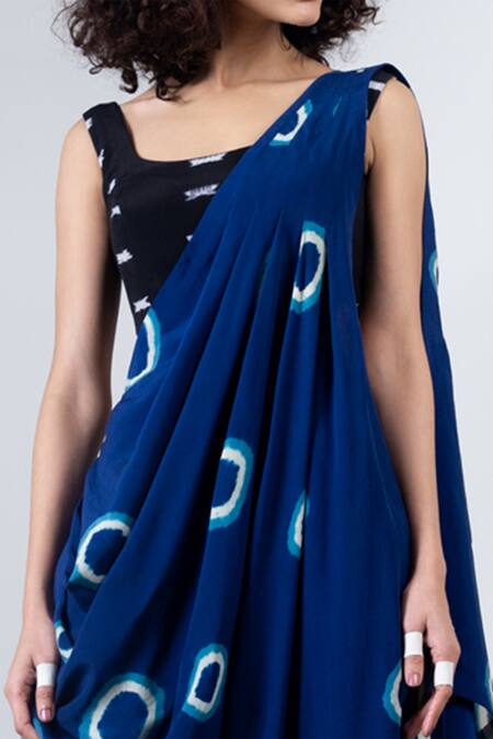 Nupur Kanoi_Blue Crepe Round Printed Dhoti Saree With Blouse _at_Aza_Fashions