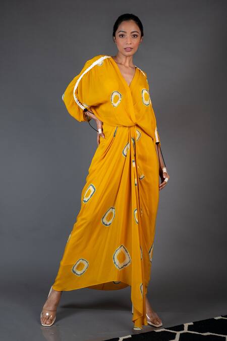 Nupur Kanoi_Yellow Crepe Geometric V Neck Printed Draped Dress_Online_at_Aza_Fashions