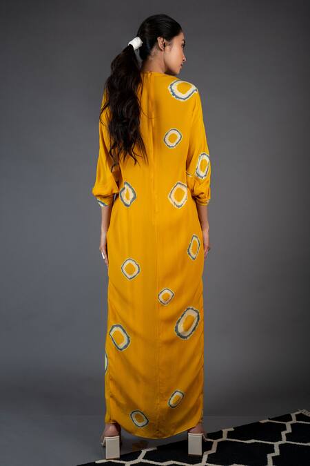 Shop_Nupur Kanoi_Yellow Crepe Geometric V Neck Printed Draped Dress_Online_at_Aza_Fashions