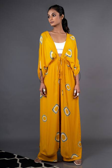Nupur Kanoi_Yellow Crepe Geometric Jacket V Neck Crop Top Printed Kimono With Pants_Online_at_Aza_Fashions