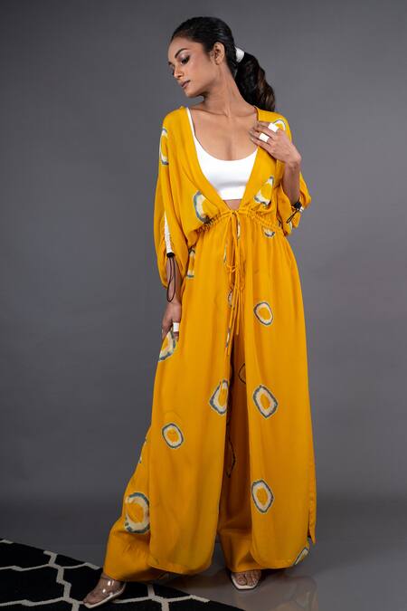 Shop_Nupur Kanoi_Yellow Crepe Geometric Jacket V Neck Crop Top Printed Kimono With Pants_Online_at_Aza_Fashions