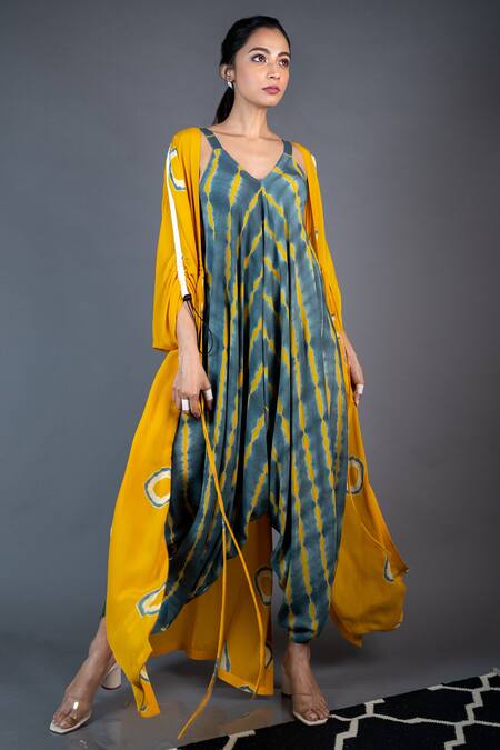 Nupur Kanoi_Yellow Crepe Geometric And Leheriya V Neck Printed Jumpsuit With Jacket_Online_at_Aza_Fashions