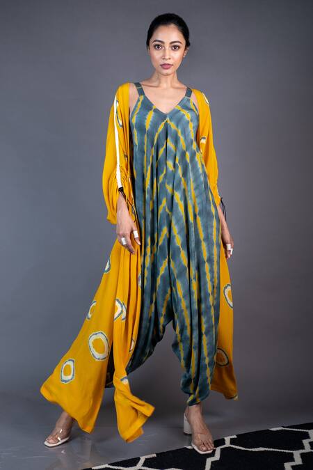 Buy_Nupur Kanoi_Yellow Crepe Geometric And Leheriya V Neck Printed Jumpsuit With Jacket_Online_at_Aza_Fashions