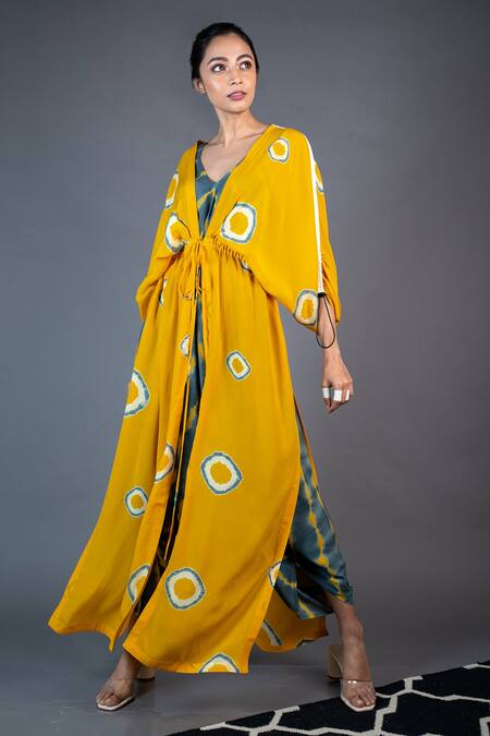 Nupur Kanoi_Yellow Crepe Geometric And Leheriya V Neck Printed Jumpsuit With Jacket_at_Aza_Fashions