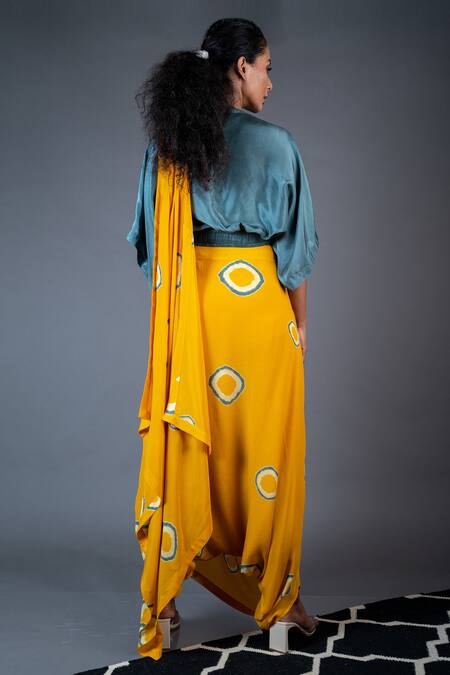 Shop_Nupur Kanoi_Yellow Habutai Silk And Crepe Geometric V Neck Printed Dhoti Saree With Kaftan Top_at_Aza_Fashions