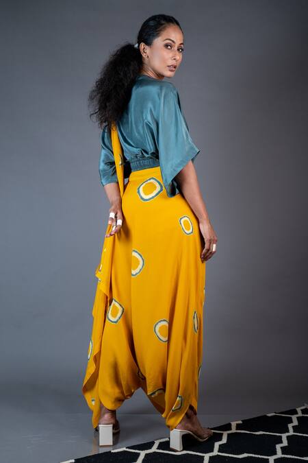 Nupur Kanoi_Yellow Habutai Silk And Crepe Geometric V Neck Printed Dhoti Saree With Kaftan Top_Online_at_Aza_Fashions