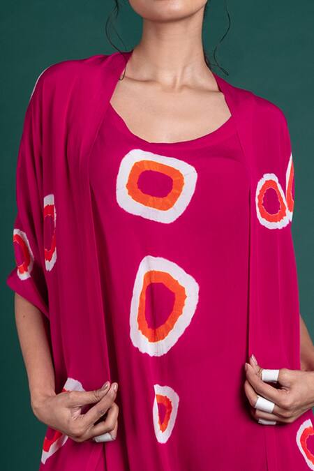 Shop_Nupur Kanoi_Pink Crepe Polka Dot Round Printed Jacket And Dress Set_Online_at_Aza_Fashions