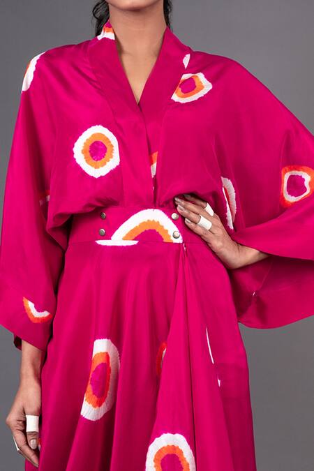 Shop_Nupur Kanoi_Pink Habutai Silk Polka Dot V Neck Printed Midi Dress_Online_at_Aza_Fashions