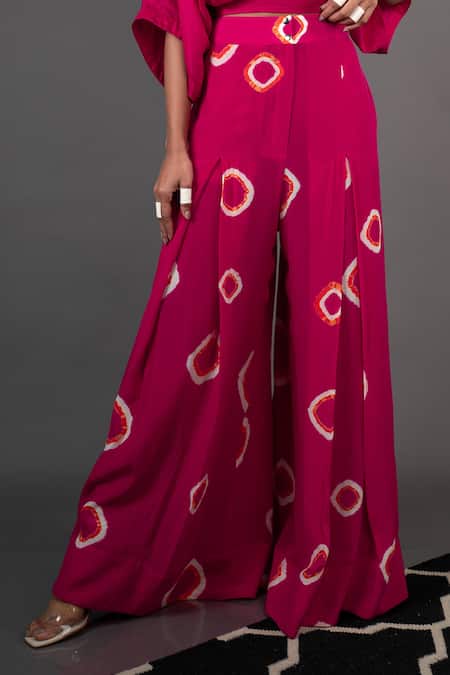 Buy Pink Silk And Crepe Polka Dot V Neck Top & Pant Set For